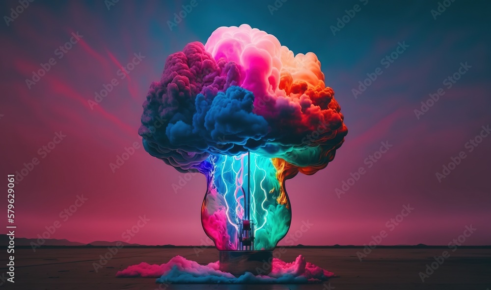  a colorful cloud of smoke and liquid floating in the air over a desert landscape with a pink and bl