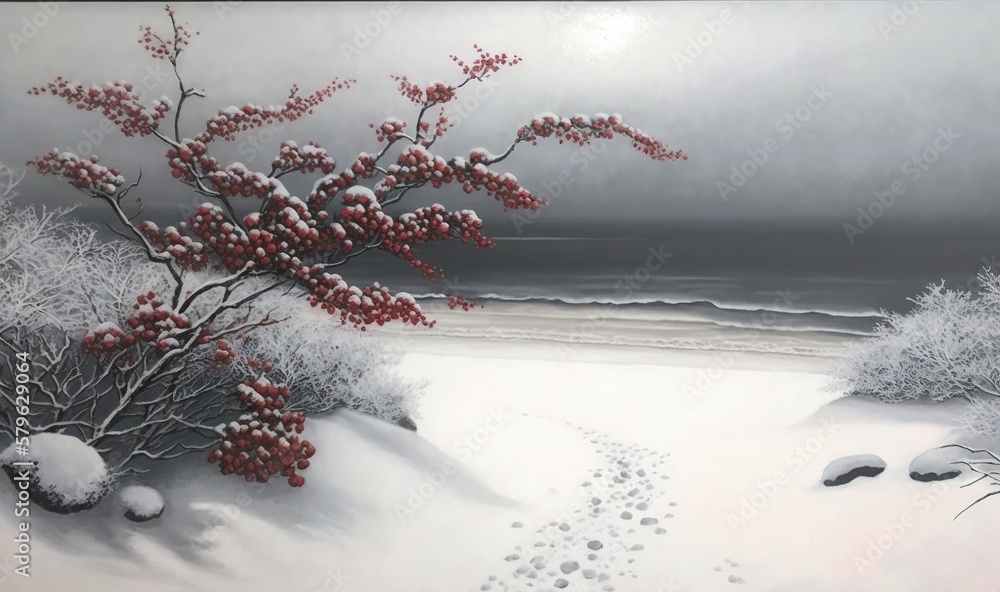  a painting of a snowy landscape with a path leading to a beach and a tree with red berries in the f