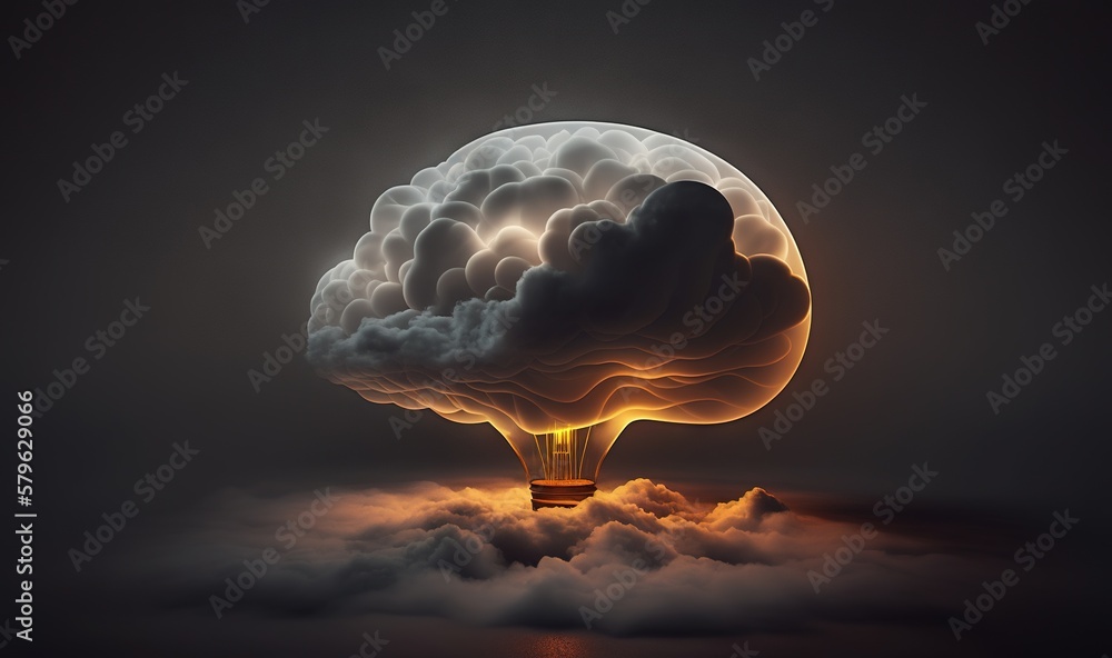  a glowing light bulb in the shape of a brain floating above clouds in a dark sky with a full moon i