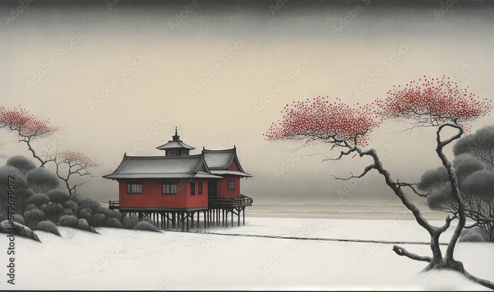  a painting of a red house in the snow with a tree in the foreground and a foggy sky in the backgrou