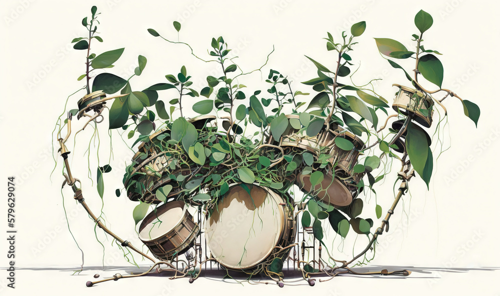  a painting of a drum surrounded by vines and leaves on a white background with a shadow of a drum i