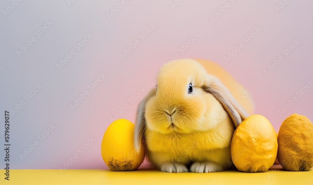  a yellow stuffed rabbit sitting next to two eggs on a yellow surface with a pink and blue backgroun