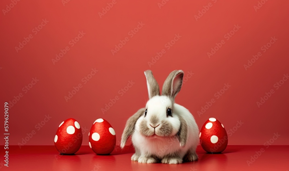  a rabbit is sitting in front of some red eggs with white dots on them, with a red background and a 