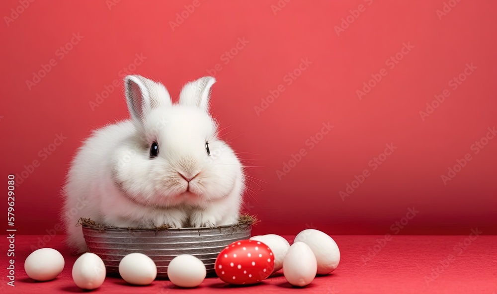  a white rabbit sitting in a tin with eggs around it on a pink background with a red background and 