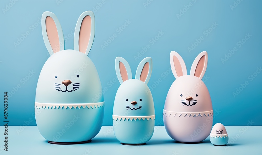  a group of three easter eggs with faces painted on them, sitting next to each other on a blue surfa