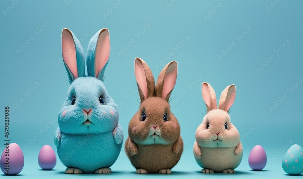  a group of easter bunnies sitting next to each other in front of a blue background with eggs in the