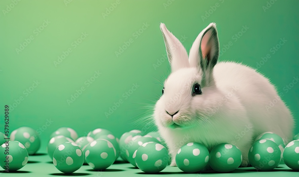  a white rabbit sitting among green eggs on a green background with white polka dotes on the eggs, w