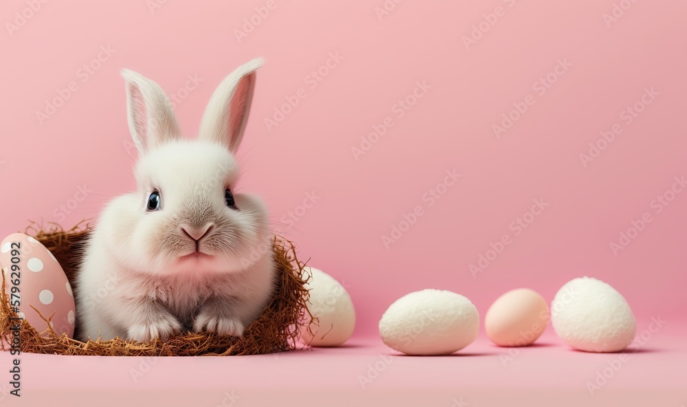  a white rabbit sitting in a nest with eggs on a pink background with a pink wall in the background 