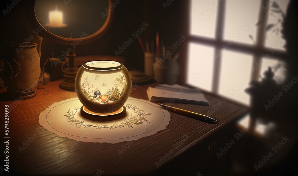  a vase sitting on top of a wooden table next to a pen and a window with a lit candle on top of the 