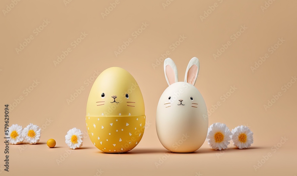  a couple of eggs sitting next to each other on top of a table next to a white bunny and a yellow eg