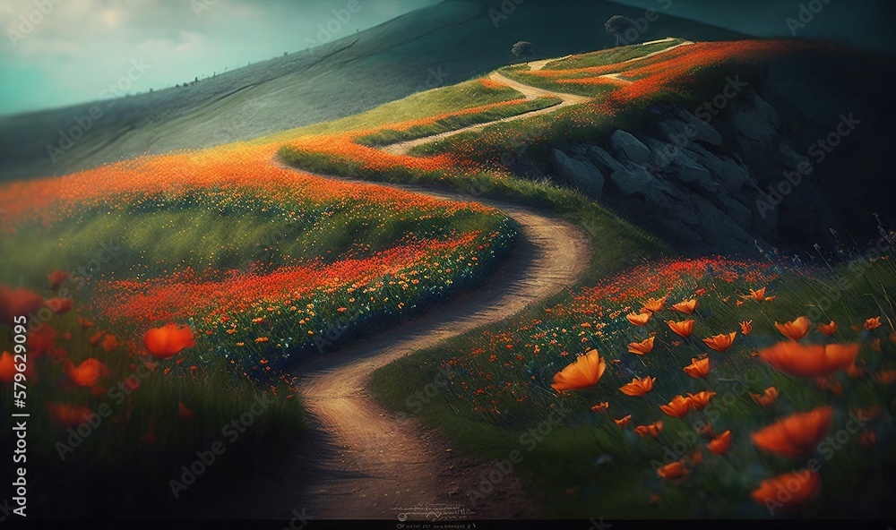  a painting of a path leading to a hill with flowers growing on the side of the hill and a hill in t