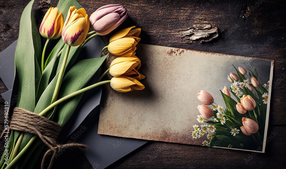  a bouquet of tulips tied to a piece of paper next to a picture of a bouquet of tulips on a piece of