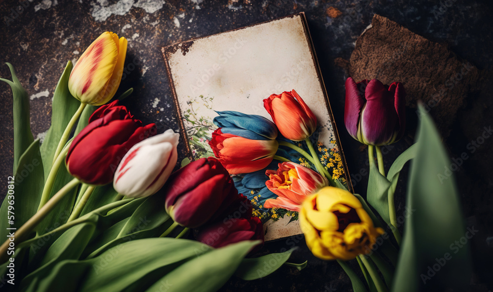  a book with a bunch of tulips on top of it next to a bunch of flowers on a rock surface with leaves