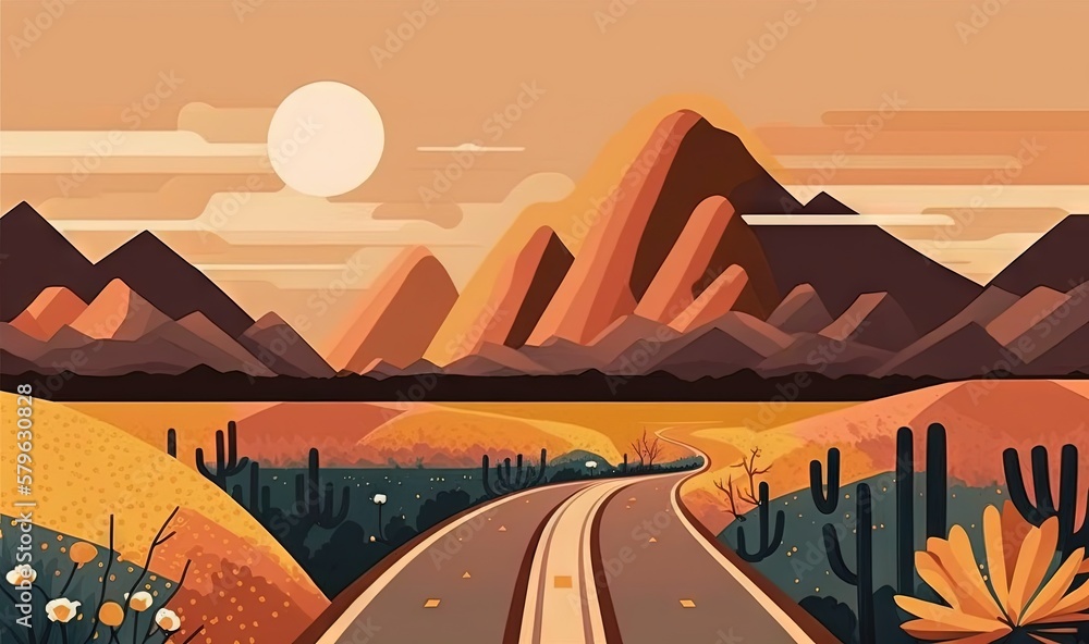  a desert landscape with a road and mountains in the background with a sun setting on the horizon an