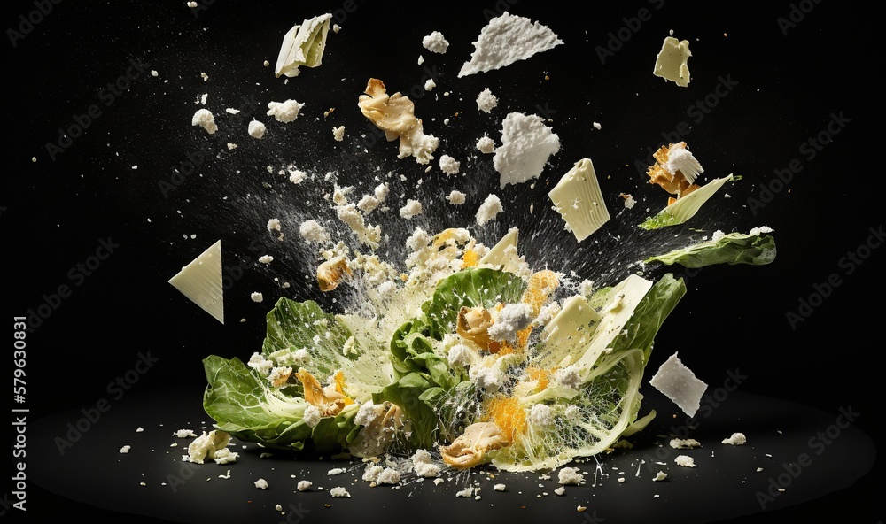  a salad is being tossed with cheese and lettuce on a black background with a splash of milk on it a