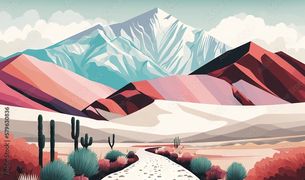  a painting of a desert landscape with mountains in the background and a path leading to a cactus ar