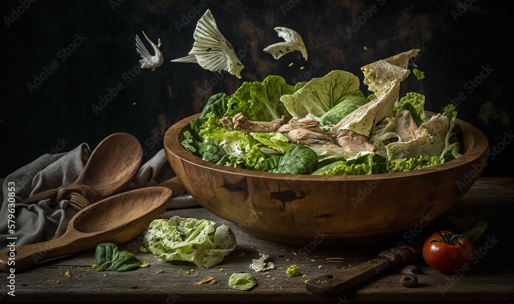  a wooden bowl filled with lettuce next to wooden spoons and a wooden spoon on a table next to a woo