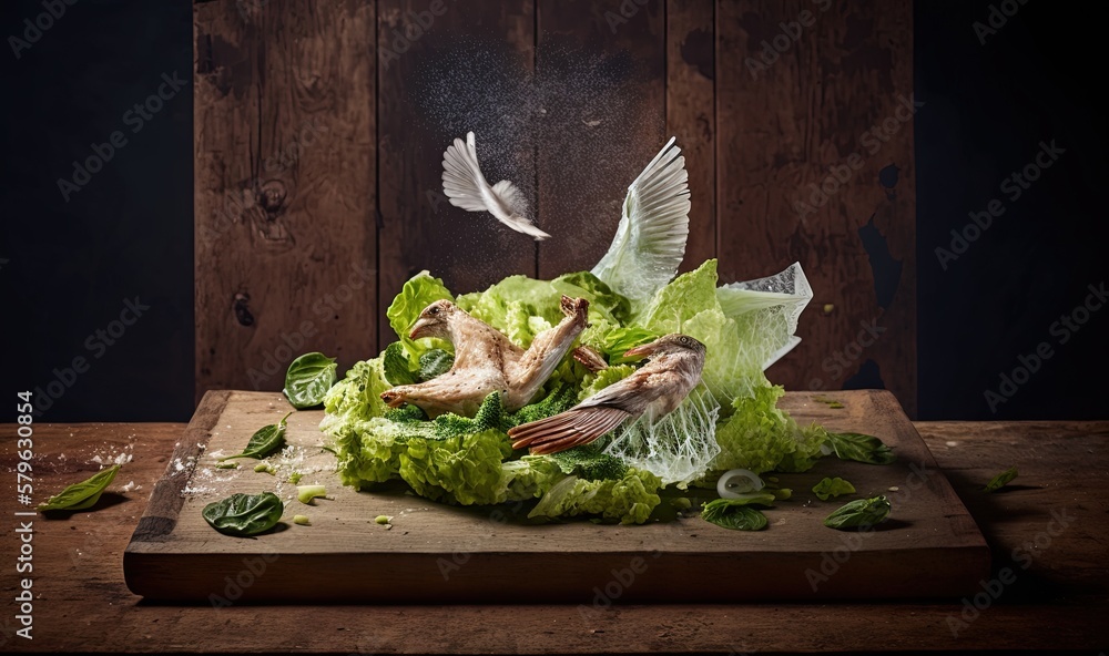  a wooden cutting board topped with lettuce and two white birds flying over the top of the lettuce s