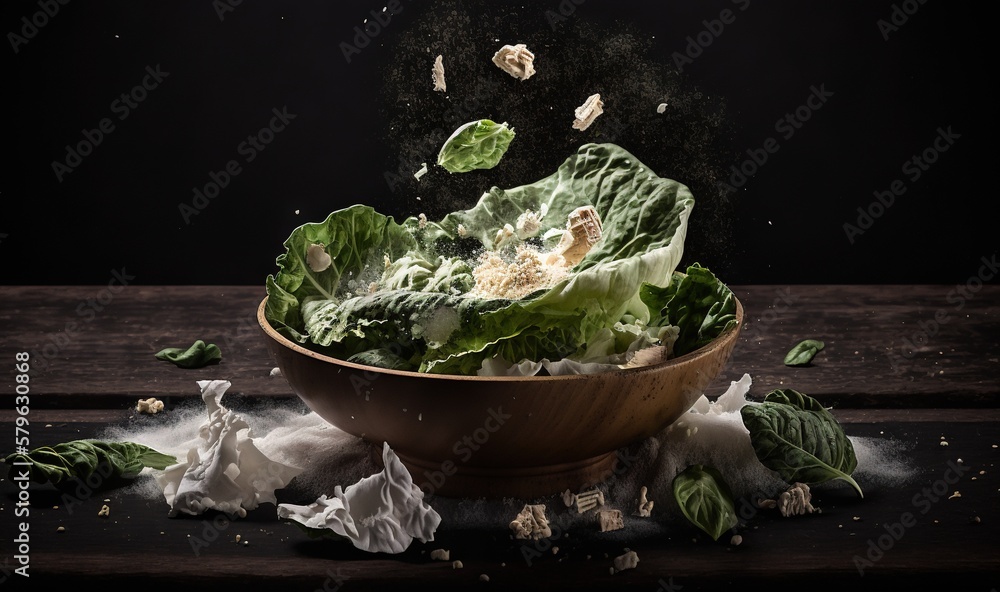  a wooden bowl filled with lettuce on top of a wooden table next to a pile of shredded paper and a b