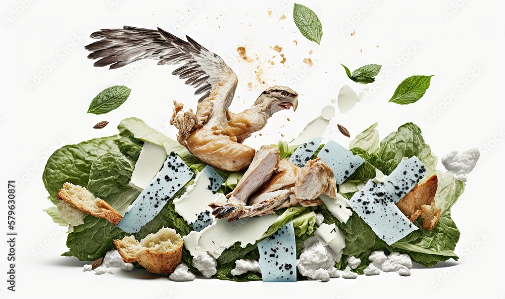  a pile of food with a bird on top of it and a lot of food on the bottom of the pile and leaves flyi