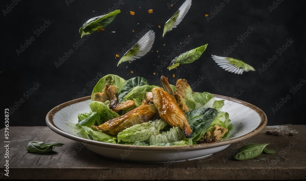  a plate of food with lettuce and chicken wings flying out of the salad in the bowl on a wooden tabl