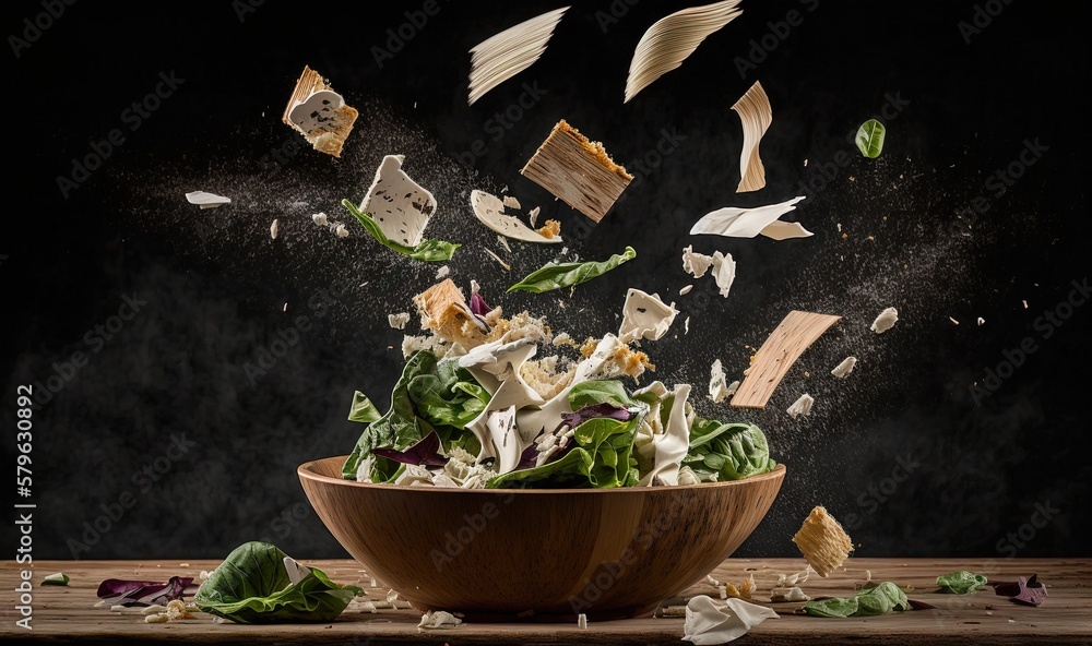  a wooden bowl filled with a salad covered in cheese and lettuce leaves flying out of its top and f