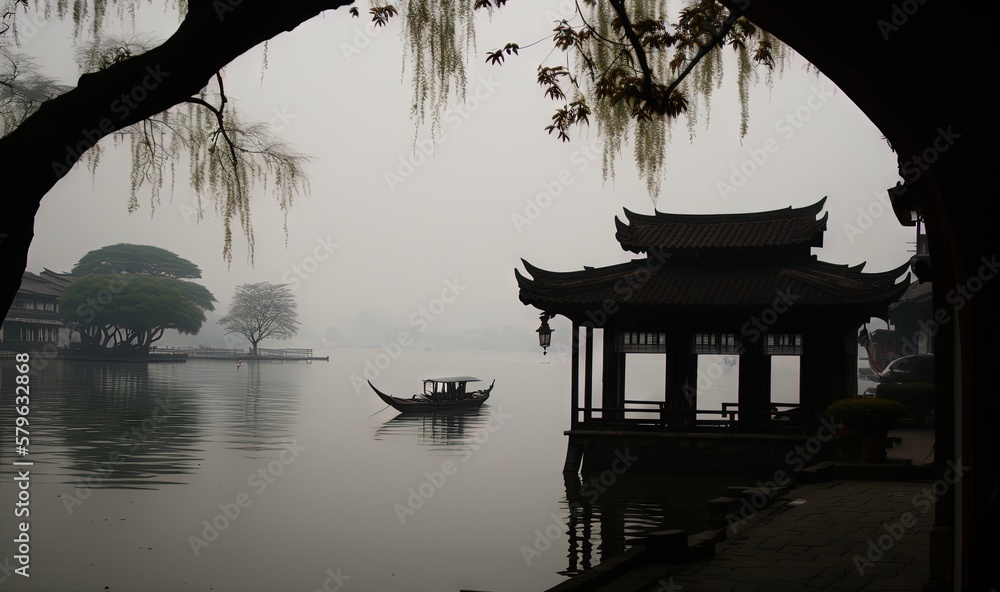  a boat floating on top of a lake next to a tall building with a roof on top of its roof and a tree