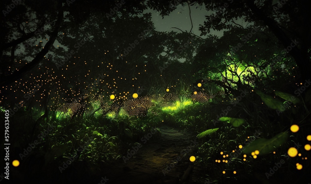  a path in a forest with lots of fireflies on the trees and lights in the grass and bushes around th