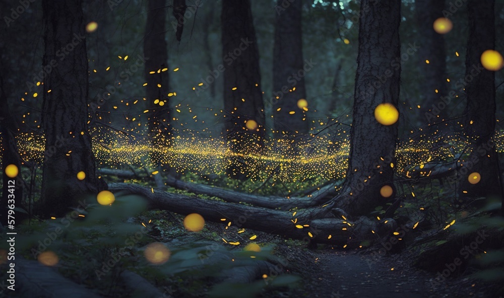  a forest filled with lots of yellow fireflies flying over a lush green forest filled with trees and