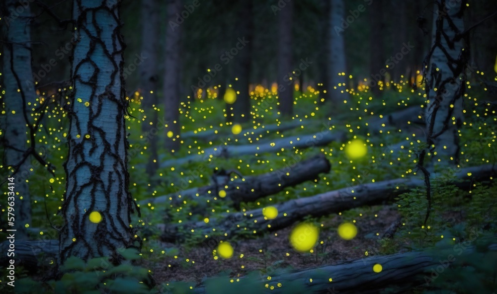  a forest filled with lots of yellow fireflies flying over the trees in the night time time with glo