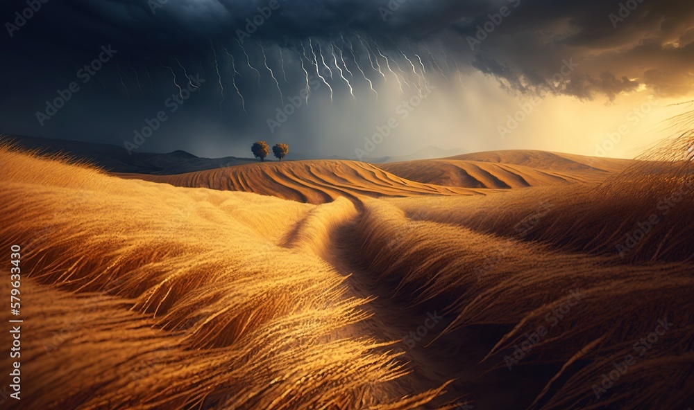  a field of grass with storm clouds in the background and a couple of trees in the foreground with a