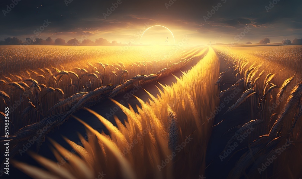  a painting of a wheat field with the sun setting in the background and a dark sky with clouds and s