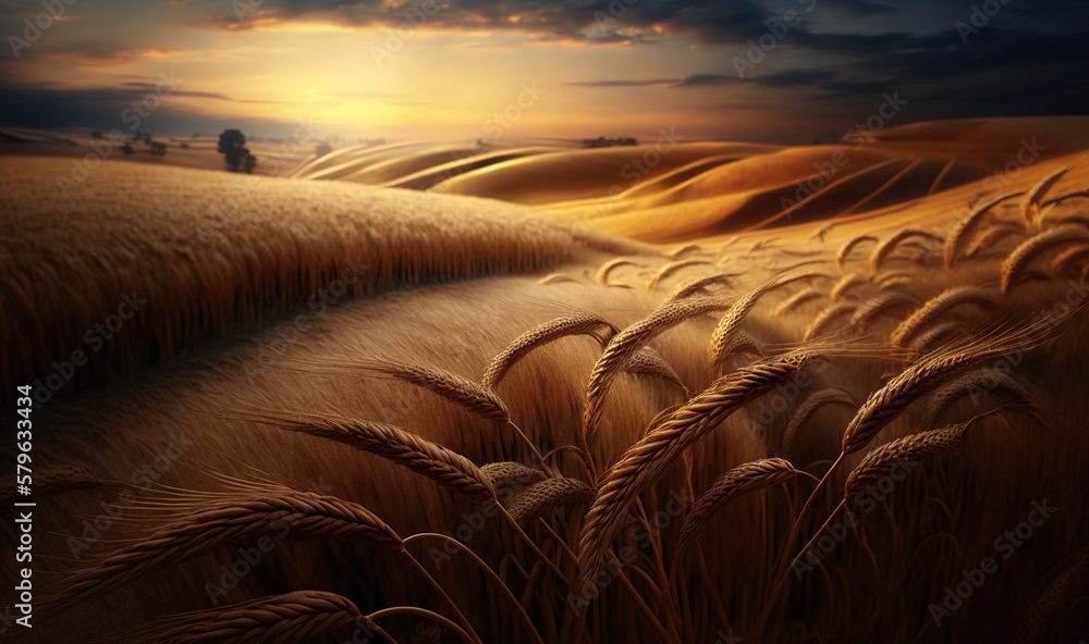  a painting of a wheat field with a sunset in the background and a lone tree in the distance in the 