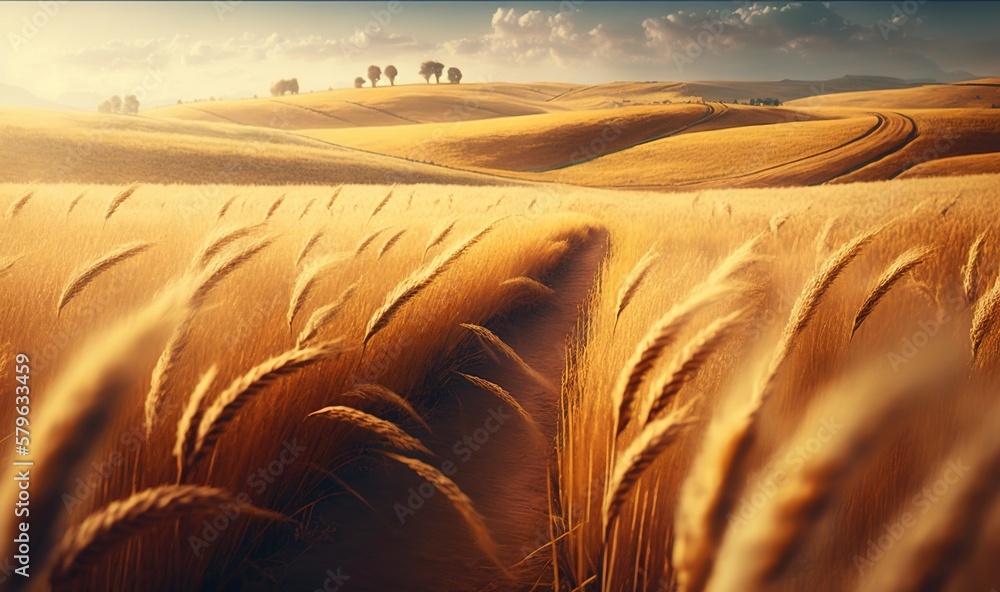  a field of wheat with trees in the distance and clouds in the sky in the distance, with a path in t