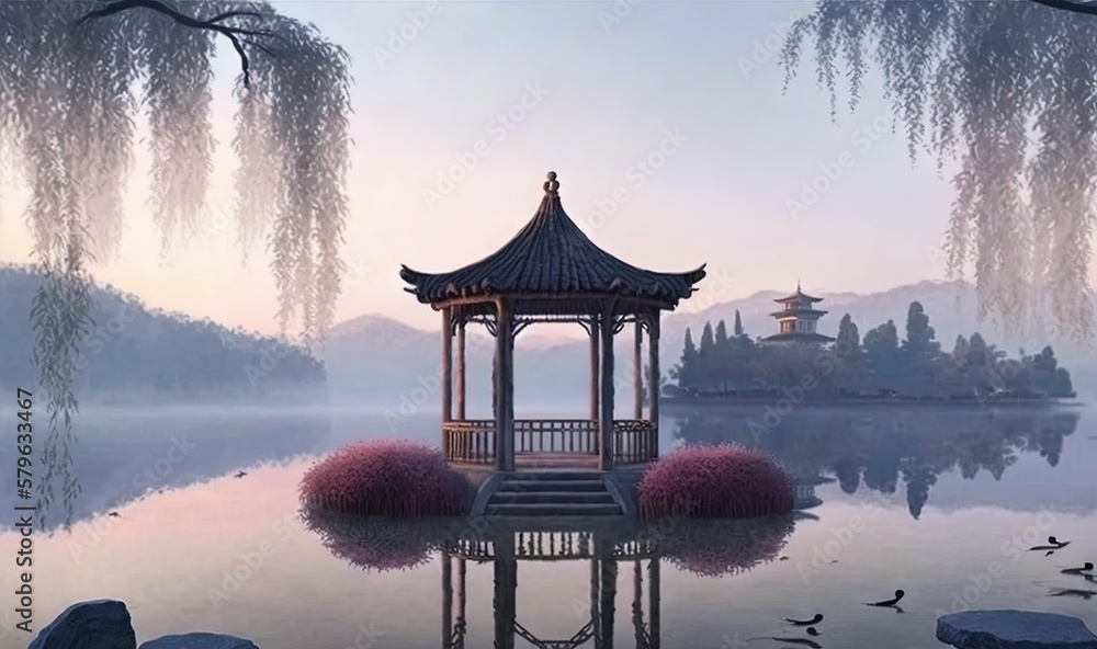  a gazebo sitting on top of a lake surrounded by a forest filled with trees and birds in the sky abo