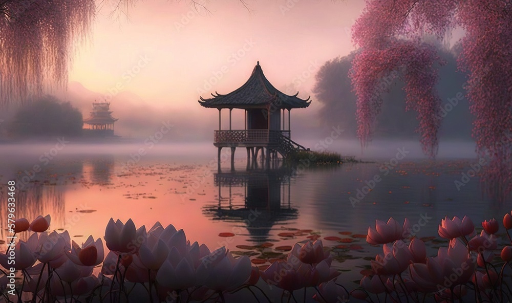  a painting of a pond with a pagoda in the middle of it and pink flowers in the foreground and a fog