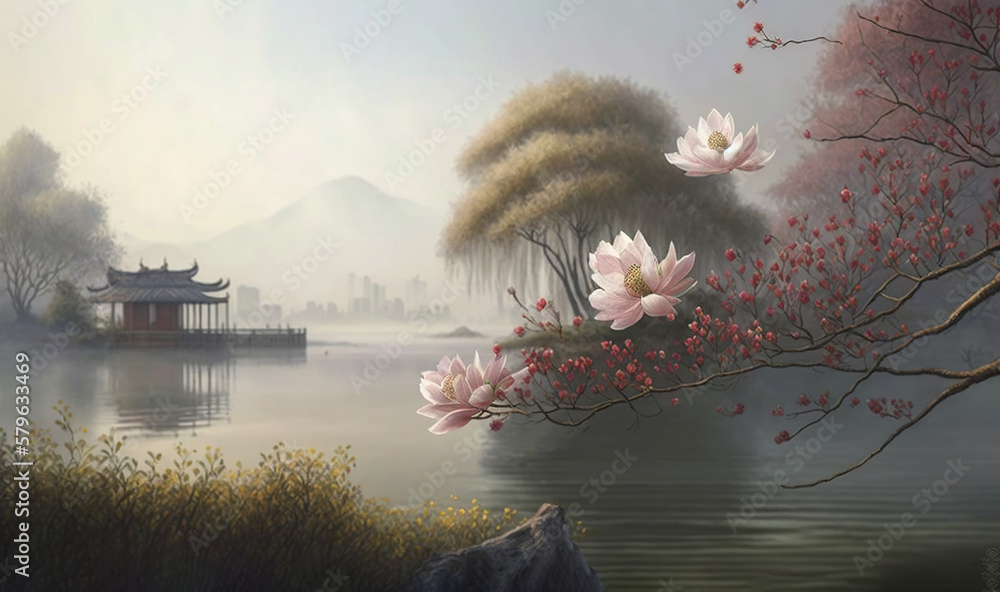  a painting of a lake with flowers and a pagoda in the background with a foggy sky and a few trees i