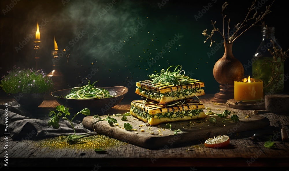  a stack of sandwiches sitting on top of a cutting board next to a bowl of vegetables and a candle o