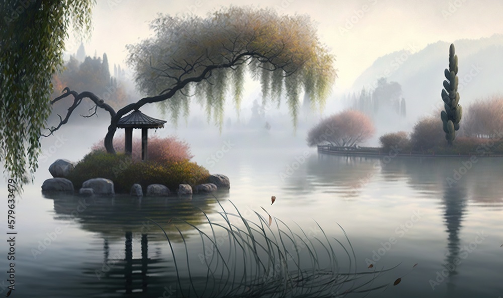  a painting of a lake with a tree and a small island in the middle of the water with a pagoda in the