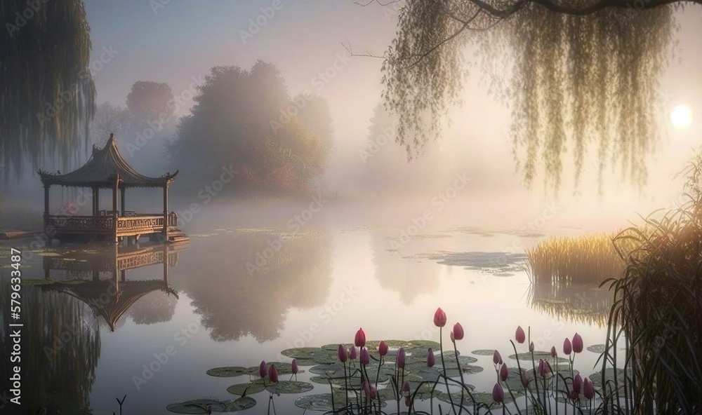  a pond with a gazebo in the middle of it and flowers in the foreground and a foggy sky in the backg