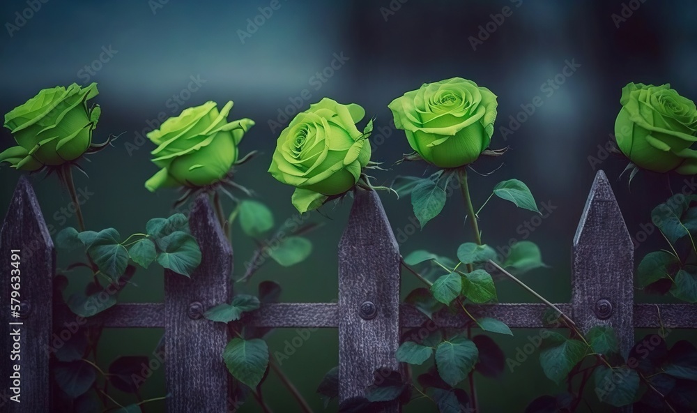  a row of green roses sitting on top of a wooden fence next to a wooden fence with a black picket fe