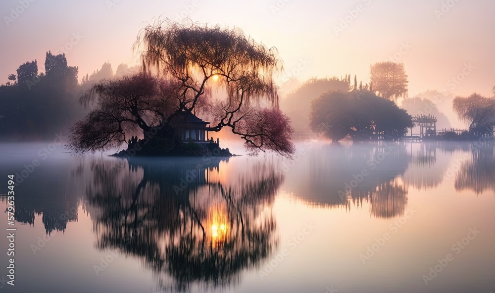  a lake with a tree and a house in the middle of the water with a sunset in the background and fog i