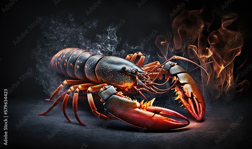  a lobster with a lot of smoke coming out of its back end and a fire coming out of its back end.  