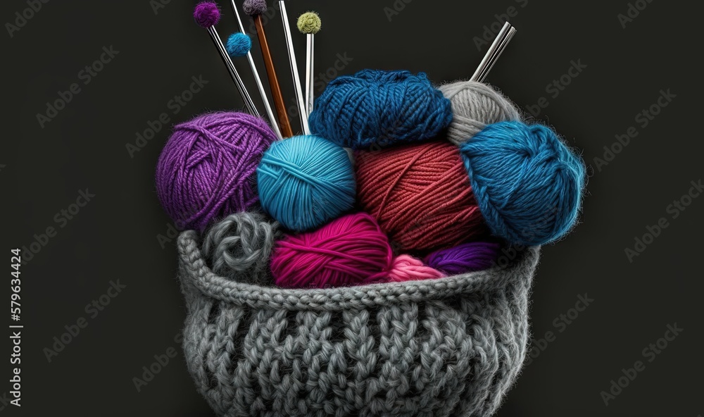  a basket filled with balls of yarn and crochet needles on a black background with a gray basket wit