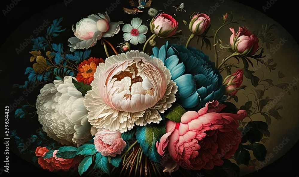  a painting of a bouquet of flowers on a black background with a butterfly in the middle of the pict