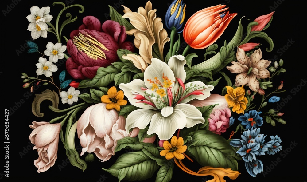  a painting of a bouquet of flowers on a black background with leaves and flowers in the center of t