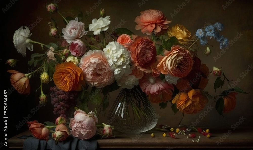  a painting of flowers in a vase on a table with a cloth on the table and a cloth on the floor next 