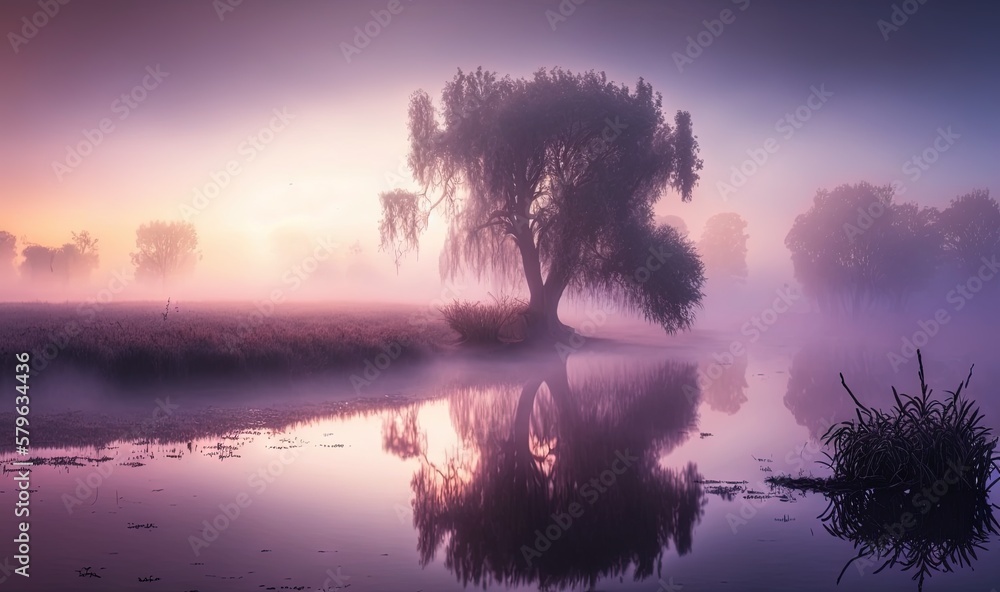  a foggy lake with a tree in the foreground and a sunset in the background with a few trees in the f