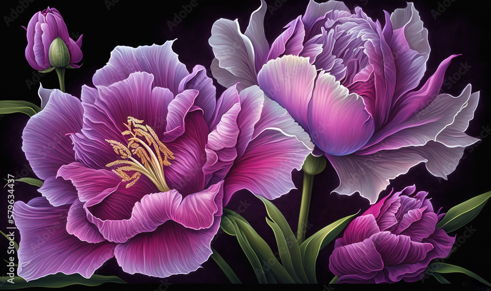  a painting of three purple flowers on a black background with green leaves and stems in the center 