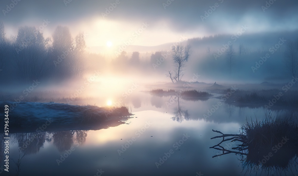  a foggy lake with trees in the background and the sun shining through the fog in the sky over the w